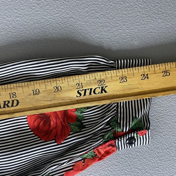 Retrolicious Blouse Womens M Rose Print Black White Stripe Tie Neck Secretary - Picture 8 of 8